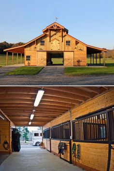 the inside and outside of a horse barn