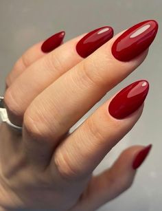 Round Nails Red, Red Solid Nails, Boston University Red Nails, Brick Red Nails, Dark Red Oval Nails, Oval Nails Red, Red Nails Classy, Solid Red Nails, Nails Rojas Cortas