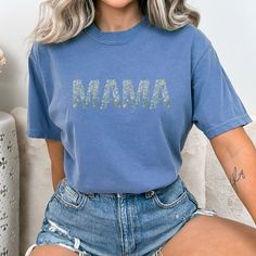 Comfort Colors Blue Jean Mama Shirt Light Blue Relaxed Fit Graphic Tee Shirt, Light Blue Relaxed Fit Graphic Tee, Blue Relaxed Fit Shirt With Letter Print, Oversized Blue Shirt With Letter Print, Casual Blue Shirt With Letter Print, Light Blue Oversized Short Sleeve Shirt, Mother Shirts, New Braunfels, Mama Shirts