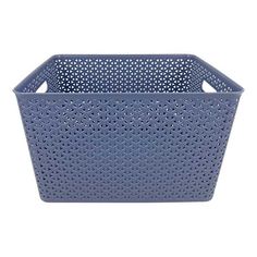 a blue plastic basket with holes on the sides and bottom, sitting in front of a white background