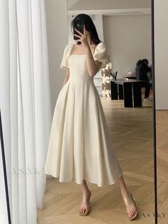 Lasaky - White Moonlight Fairy Long Dress Mandarin Collar Dress, Modest Dresses Casual, Elegant Midi Dresses, Elegant Dresses Classy, Midi Short Sleeve Dress, Party Dresses For Women, Classy Dress, Looks Vintage, Modest Dresses