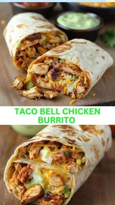 chicken burrito cut in half on a cutting board