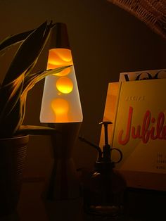 a lamp that is sitting on top of a table next to a box and some plants