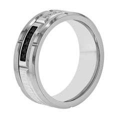 Black and white .12ctw diamond tungsten band. Modern Stainless Steel Jewelry With Diamond Accents, Modern Silver Tungsten Carbide Jewelry, Modern Diamond White Jewelry Channel Set, Modern Diamond Cut Diamond Band, Modern Black Diamond Anniversary Jewelry, Modern Black Diamond Jewelry, Elegant Tungsten Carbide Anniversary Rings, Silver Tungsten Carbide Rings For Anniversary, Elegant Tungsten Carbide Rings For Anniversary