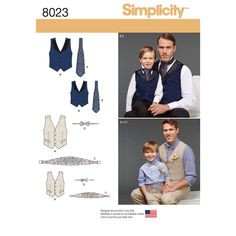 an adult and child's vests, tie, and shirt sewing pattern from the book simplicity