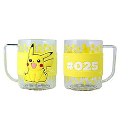 two glass mugs with yellow and white designs, one has a pikachu on it