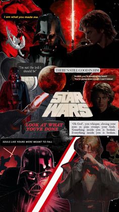 the star wars movie poster is shown in red and black