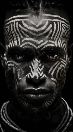 A tribal tattooed man, patterns engulfing his body, a look of steely determination in his eyes. Portrait Photography, black and white, medium shot, tribal markings, dramatic shadows, striking contrast, culture pride, defiant gaze, ancient heritage, human canvas --ar 9:16 African Men Portraits, African Man Portrait, African Face Paint, Ecstatic Dance, African Drawings, Tattooed Man, Eyes Portrait, African Tattoo, Dancer Photography