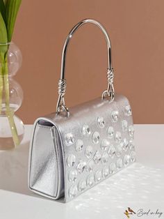 BirdinBag - Rhinestone Flap Mini Square Bag with Chain, Top Handle - Elegant PU for Party Silver Shoulder Bag With Rhinestones For Party, Silver Rhinestone Shoulder Bag For Parties, Silver Party Bag With Pearl Handle, Bag With Chain, Chain Top, Rhinestone Decor, Word Wrap, Chain Bag, Square Bag