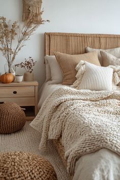 Wicker baskets filled with blankets near a bed in a cozy fall-themed bedroom. Bedroom Ideas For Couples Cozy, Soft Rugs, Guest Bedroom Design, Fall Bedroom Decor, Neutral Bedroom Decor, Cozy Fall Bedroom, Neutral Bedrooms, Fall Bedroom