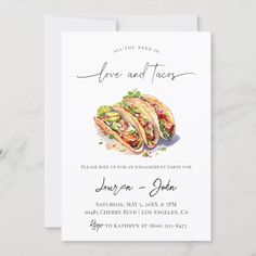 a card with tacos on it and the words love and tacos written in cursive writing