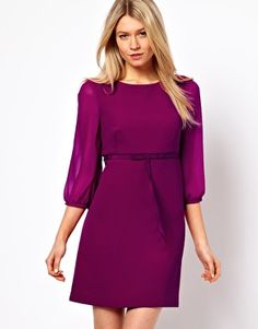 Ted Baker Tie Waist 60's Dress with 3/4 Sleeves (BLACK RASPBERRY) Long Evening Dresses, Ted Baker Dress, 60's Dress, Evening Dresses Short, Purple Tie, Tie Waist Dress, 60s Dress, White Dress Summer, Blazer Fashion