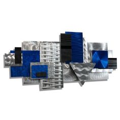 an abstract metal artwork piece with blue and silver squares on it's sides,