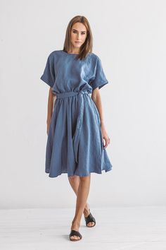 "DESCRIPTION: ♥ 100% natural European linen; ♥ safe Oeko-TEX® Standard 100 certified linen fabric ♥ softened midweight linen (185 g/m2) ♥ wide skirt dress with short sleeves ♥ with belt ♥ with pockets FIT ♥ length from the lower to the upper seam is about 43.3 inches / 110 cm ♥ measurements taken from a size S ♥ model is 173 cm and wearing a size S SIZE CHART: XS: Bust 30.7\"- 32.7\" (78-83 cm) , Waist 23.6\"- 25.6\" (60-65 cm), Hips 33.5\"- 35\" (85-89 cm) S: Bust 33\"- 35\" (84-89 cm) , Waist Linen Tie Waist Dress For Daywear, Spring Flowy Linen Midi Dress, Linen Midi Dress With Tie Waist, Linen Midi Dress With Tie Waist For Daywear, Flowy Linen Midi Dress, Knee-length Linen Dress With Tie Waist, Linen A-line Midi Dress For Daywear, Linen Belted Dress For Daywear, Belted Linen Dress For Daywear