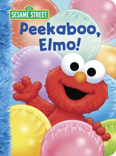 sesame street peekabo, elmo book with balloons and an animal in the background