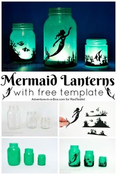 DIY Mermaid Lantern JarsHow to turn Mason Jars into magical Mermaid Mason JarsBeautiful DIY Mermaid Room DecorIncludes free template mermaids printables masonjars fairyjars lanterns diy Mermaid Cricut Projects Birthday, Cricut Jar Ideas, Easy Diy Beach Decor, Summer Diy Decorations, Little Mermaid Crafts For Kids, Mermaid Crafts For Adults, Crafts With Jars, Ocean Themed Crafts, Mermaid Crafts For Kids