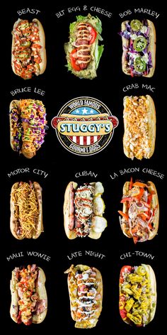 an image of hotdogs with different toppings on black background in order to be eaten