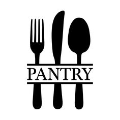 fork, knife and spoon with the word pantry written in black on a white background