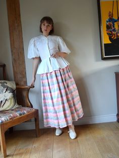 "A stunning vintage Bellville Sassoon silk skirt, from the 1980s. Made in England The outer fabric is a pure silk, stiff and shiny with a beautiful pastel stripe pattern. The skirt is also lined with stiff synthetic fabric, and has a tulle ruffled hem for more volume. Full design with great movement and a very satisfying rustling sound. In very good vintage condition. The raw silk has a naturally rough texture, but the imperfections are just part of its charm! Marked as a size 14, but comes up s Bellville Sassoon, Silk Maxi Skirt, Rough Texture, Pastel Stripes, Silk Maxi, Silk Skirt, Stripe Skirt, Synthetic Fabric, Raw Silk