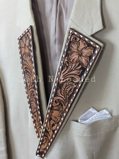 Tooled Leather Belts Jacket, Tooled Leather Suit Jacket, Western Leather Outerwear For Ranch, Tooled Leather Denim Jacket, Rustic Hand Tooled Belt For Western-themed Events, Ranch Wedding Dress, Cowboy Groom, Camp Bach, Custom Leather Work