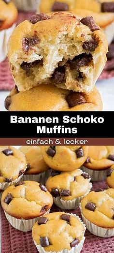 banana schoko muffins with chocolate chips on top and in the middle