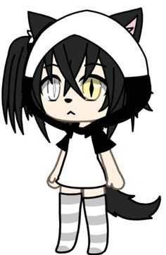 an anime character with black hair and yellow eyes, wearing a white cat costume on her head