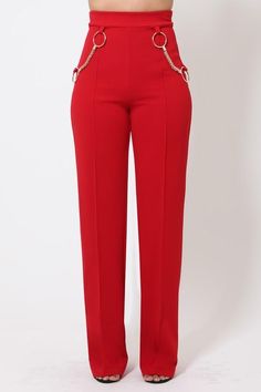 These beautiful red trousers are for all you girl bosses out there chasing your dreams! They are a PERFECT fit, flared bottoms, a pressed seam down each leg, a hidden zipper with a clasp closure in the back, and a Gold Circle Ring with Chain on each side! Pair with a chic top, trendy heels, and a statement blazer for the ultimate working girl outfit! Gold Circle Ring w/ Linked Chain Details Front-line Flared Leg Design Perfect Fit Solid Pants 95% Polyester/ 5% Spandex Hand wash cold, Do not blea Crop Outfits, Working Girl Outfits, Red Pants Outfit, Ring With Chain, Gold Circle Ring, Statement Blazer, Cropped Outfits, Flared Bottoms, Red Trousers