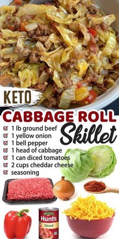 the keto cabbage roll skillet recipe is shown in this graphic above it's ingredients