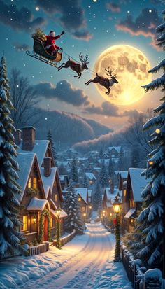 a santa claus sleigh flying through the night sky over a snowy village with houses and trees