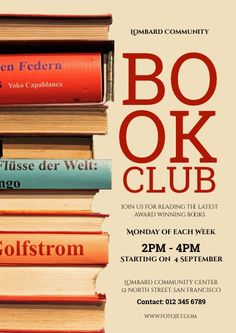 a poster for the book club featuring books stacked on top of each other