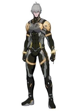 an anime character standing with his hands in his pockets and wearing black, yellow and gray armor