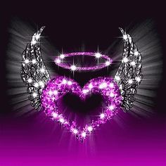 an angel and devil heart with sparkles on it's wings, against a purple background