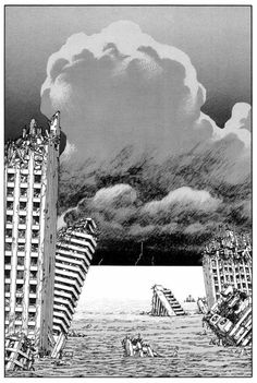 a drawing of two tall buildings floating in the ocean under a cloudy sky with lightning