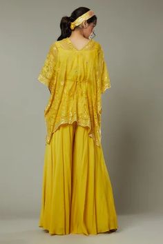 Shop for I am Design Yellow Chiffon Mango Bite Candy Palazzo And Embroidered Kaftan Set for Women Online at Aza Fashions Organza Kaftan, Kaftan Set, Flared Palazzo, Embroidered Kaftan, Silk Organza, Scalloped Hem, Batwing Sleeve, Set For Women, Aza Fashion