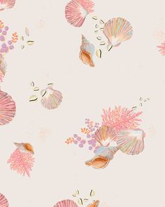 an image of seashells and pink flowers on a white background that is seamless