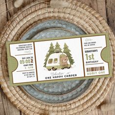 a birthday party ticket for a camping theme