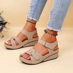 Women's Sandals Wedge Sandals Comfort Shoes Outdoor Daily Walking Summer Buckle Wedge Heel Open Toe Classic Casual PU Leather Polyester Ankle Strap Solid Color Black Red Orange 2023 - US $20.99 Elegant Wedges Shoes, Sepatu Platform, Sandal Wedges, Orthopedic Sandals, Casual Wedges, Summer Wedges, Comfy Sandals, Womens Summer Shoes, Peep Toe Sandals