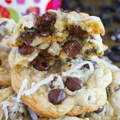 chocolate chip cookies stacked on top of each other