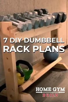 a rack with dumbbells and kettles on it