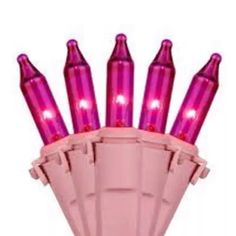 pink christmas lights are on top of each other in the shape of a cone with red bulbs