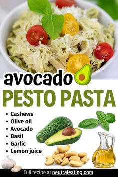 an advertisement for pesto pasta with avocado, tomatoes and cashews