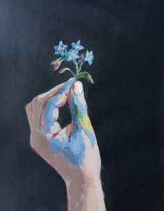 a painting of a hand holding a small blue flower