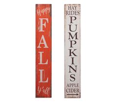 two wooden signs that say happy rides pumpkins and fall y'all on them