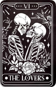 the lovers tarot card with two skeletons holding hands and flowers on each side, in black and white