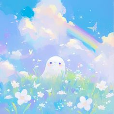 a white bird sitting on top of a lush green field under a rainbow filled sky