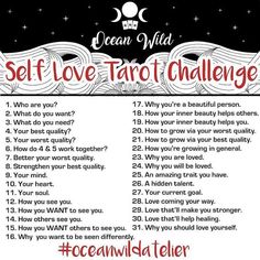 an ocean wild self love tarot challenge is shown in red and white with the words,