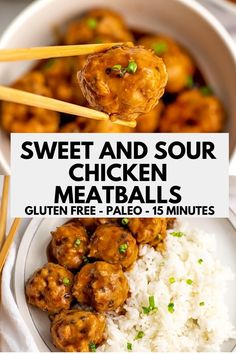 sweet and sour chicken meatballs with white rice in a bowl on a plate with chopsticks