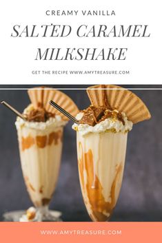 two glasses filled with caramel milkshake and topped with whipped cream