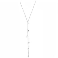 Sterling Silver Cubic Zirconia Necklace measures 16-18" Adjusted by extension chain Adjustable Chain Lariat Necklace With Cubic Zirconia, Silver Teardrop Lariat Necklace With Adjustable Chain, Silver Lariat Diamond Necklace, Silver Dangle Lariat Necklace With Cubic Zirconia, Adjustable Cubic Zirconia Lariat Necklace, Cubic Zirconia Diamond Lariat Necklace With Adjustable Chain, Lariat Cubic Zirconia Diamond Necklace With Adjustable Chain, White Gold Long Drop Necklace With Adjustable Chain, Cubic Zirconia Lariat Necklace With Delicate Chain