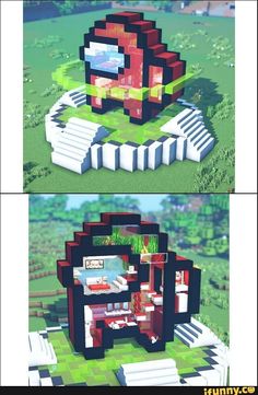 two different views of the same house in minecraft, one is red and white